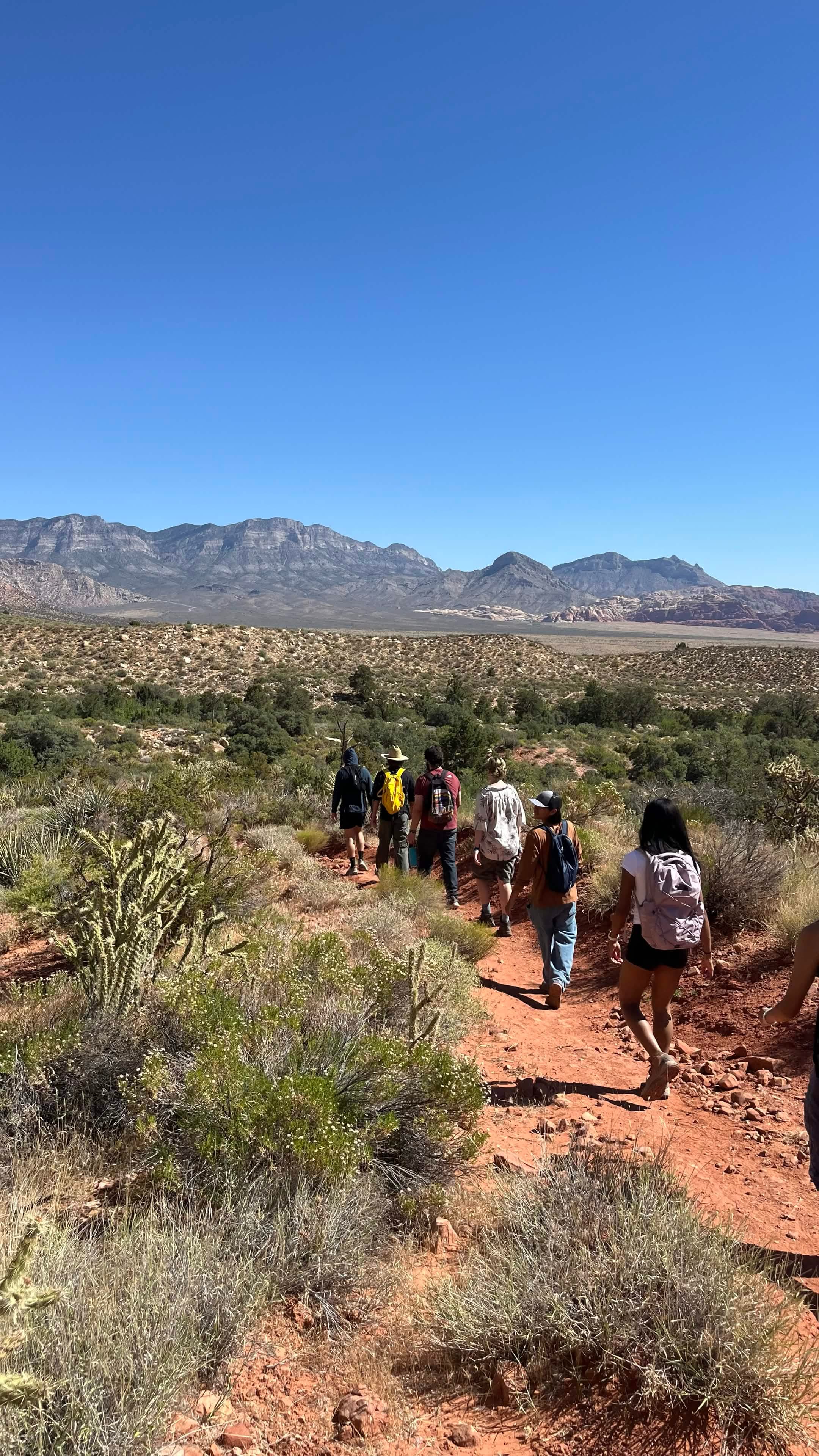 Hikers follow a red dirt trail through desert shrubs toward distant mountains.